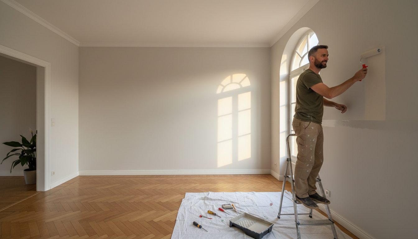 Le Petit Bricoleur repeignant le mur d'un salon bruxellois