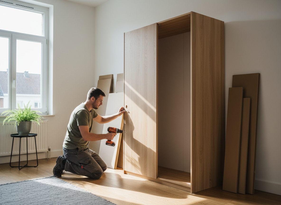 Montage d'une armoire en bois dans une chambre