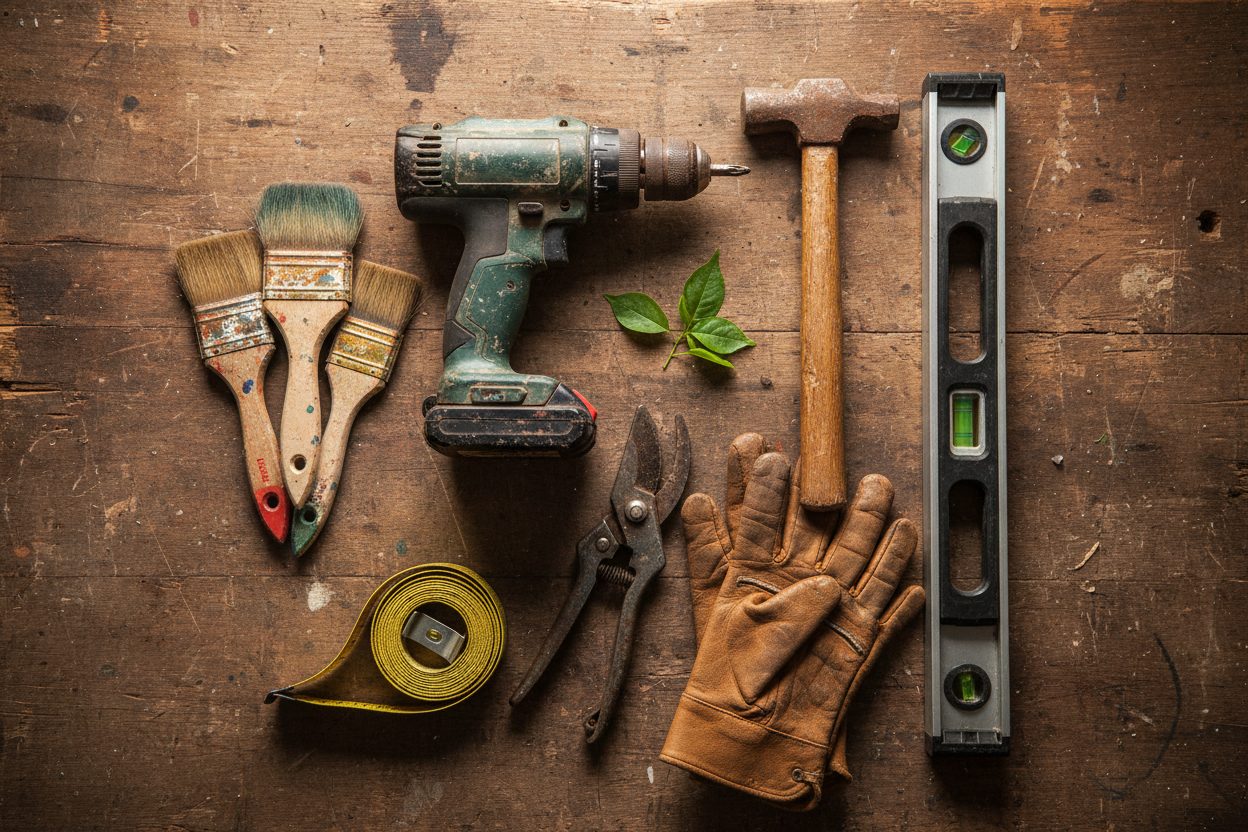 Outils de bricolage et de jardinage sur un établi