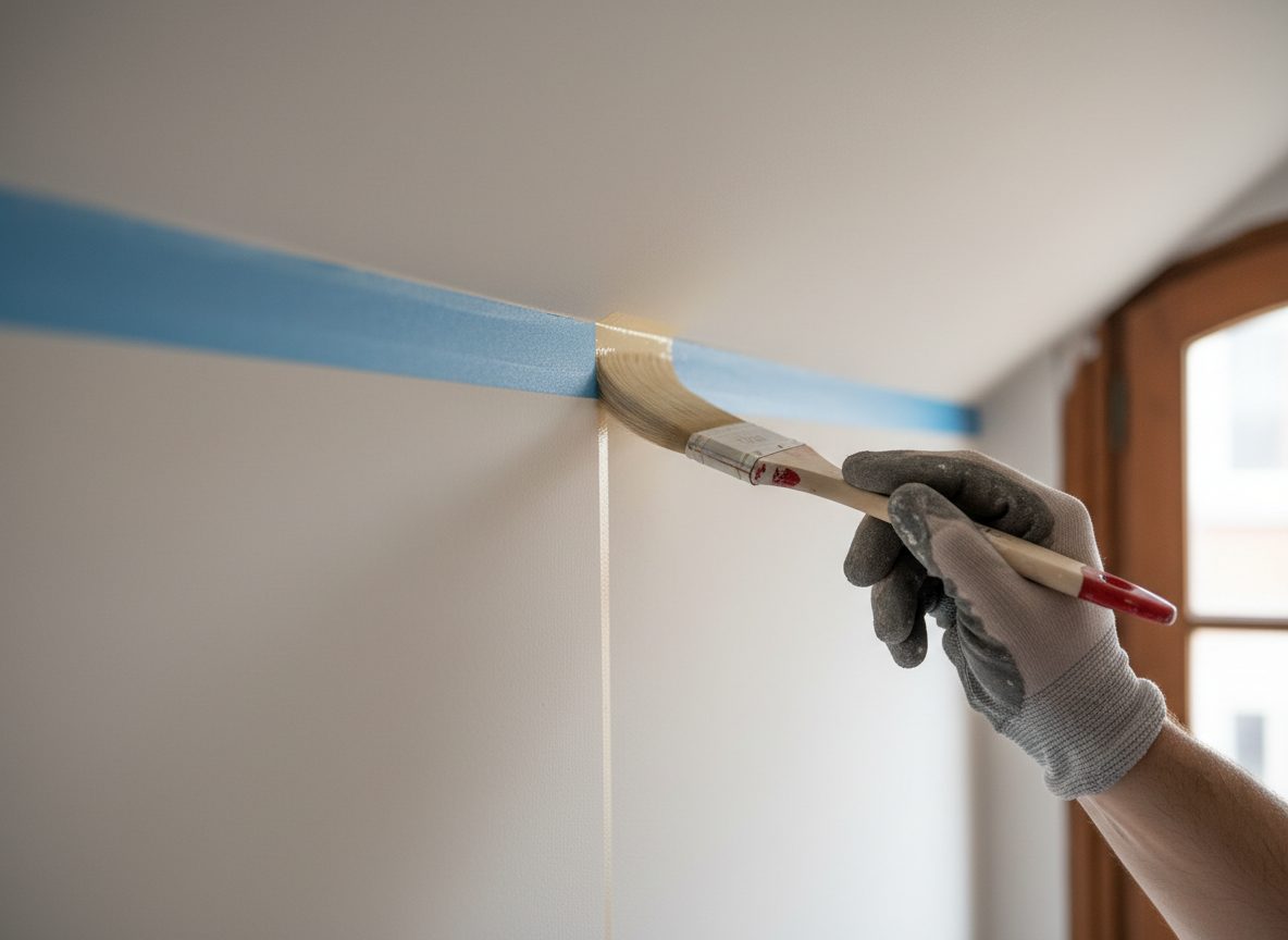 Découpe nette de peinture au pinceau le long d'un plafond