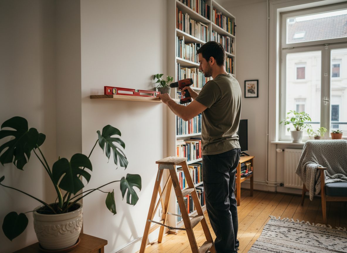 Fixation d'une étagère au mur avec un niveau
