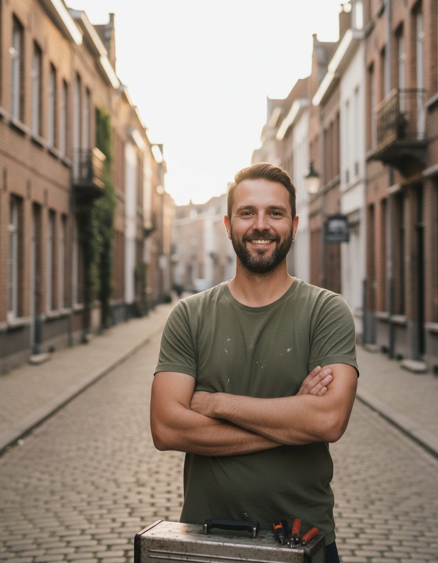 Le Petit Bricoleur devant une maison bruxelloise